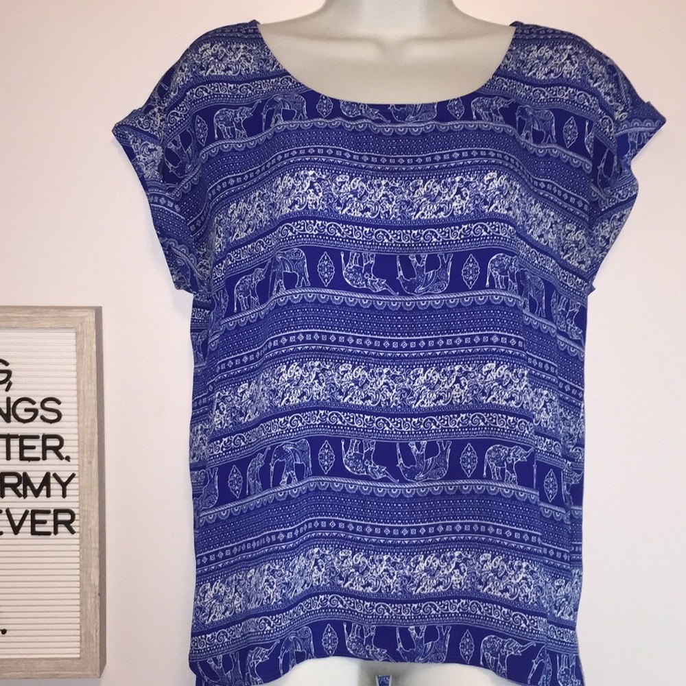 3/$25 Elephant Print Royal Blue Blouse W/ Zipper